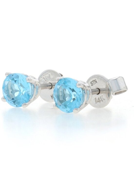 White Gold Blue Topaz Stud Earrings - 14k Round 1.20ctw Pierced main image 2